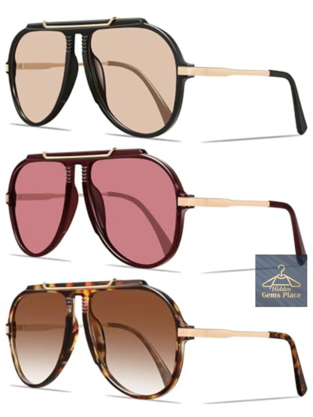 Retro Oversized Aviator Sunglasses Unisex 70s Trendy Gold Metal Frame